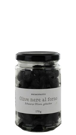 Olive nere al forno - gebackene schwarze Oliven mit Stein 170 g Glas - Primopasto